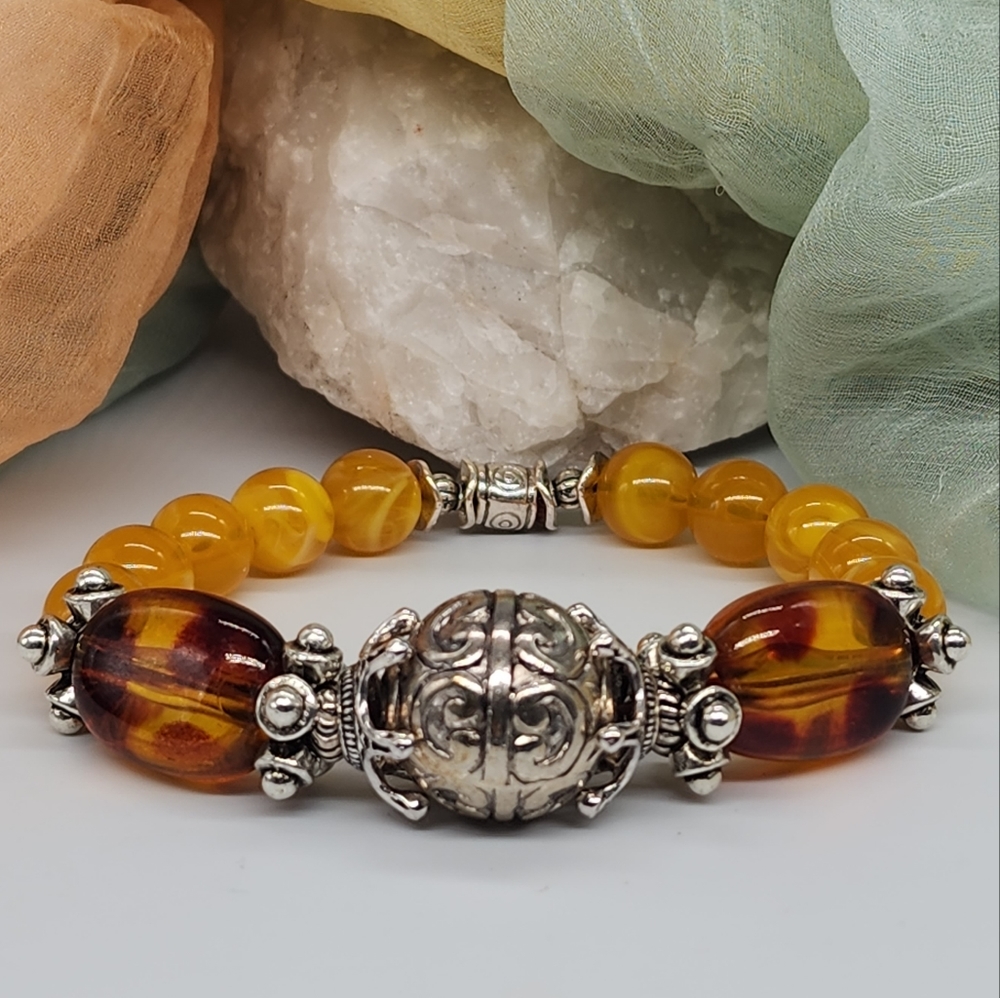❤️ Bracelet Resin Amber Honey Silver Stretchy Beaded Artisan
